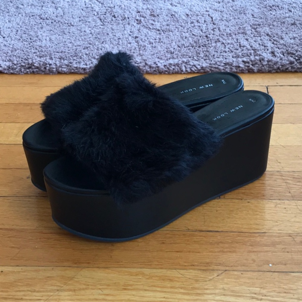 Black Furry Platform Slides LIKE NEW